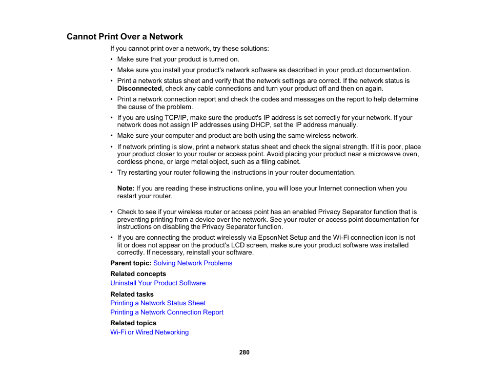 Cannot print over a network | Epson EcoTank Photo ET-8500 Wireless Color All-in-One Supertank Printer User Manual | Page 280 / 346