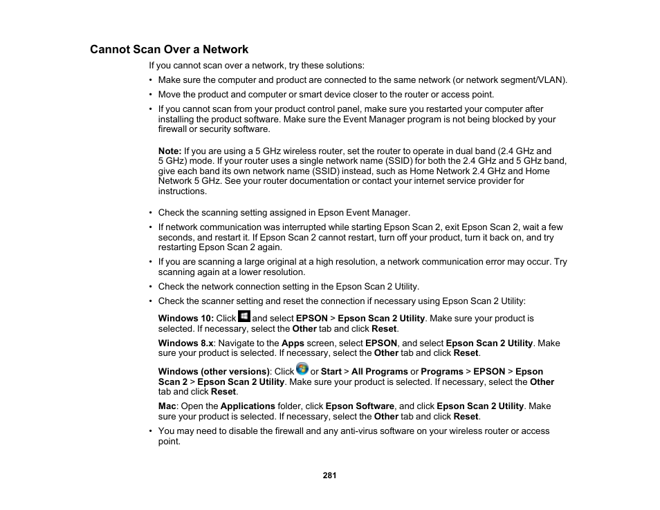 Cannot scan over a network | Epson EcoTank Photo ET-8500 Wireless Color All-in-One Supertank Printer User Manual | Page 281 / 346