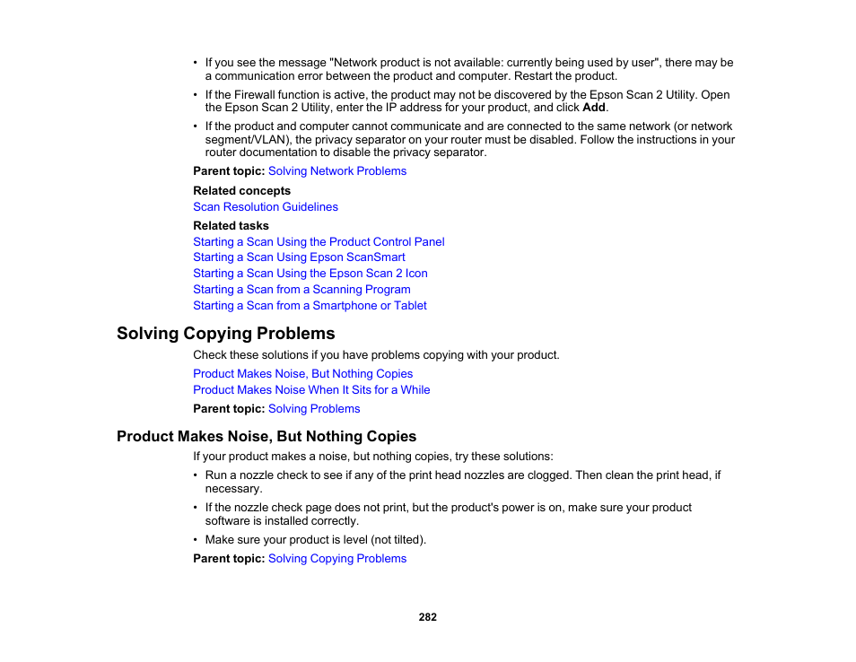 Solving copying problems, Product makes noise, but nothing copies | Epson EcoTank Photo ET-8500 Wireless Color All-in-One Supertank Printer User Manual | Page 282 / 346