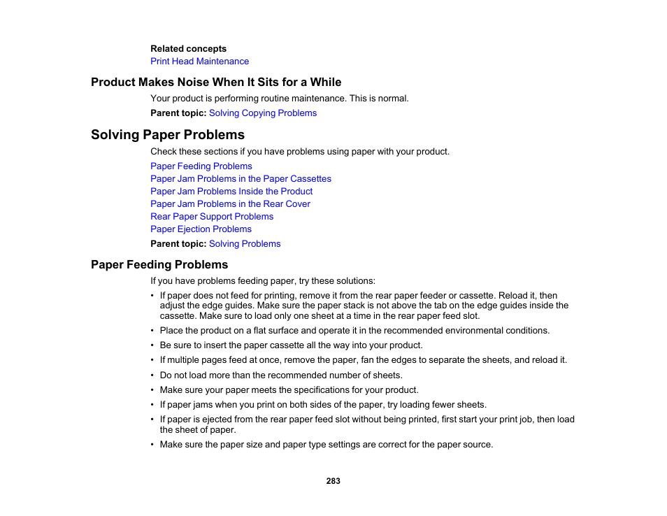 Product makes noise when it sits for a while, Solving paper problems, Paper feeding problems | Epson EcoTank Photo ET-8500 Wireless Color All-in-One Supertank Printer User Manual | Page 283 / 346