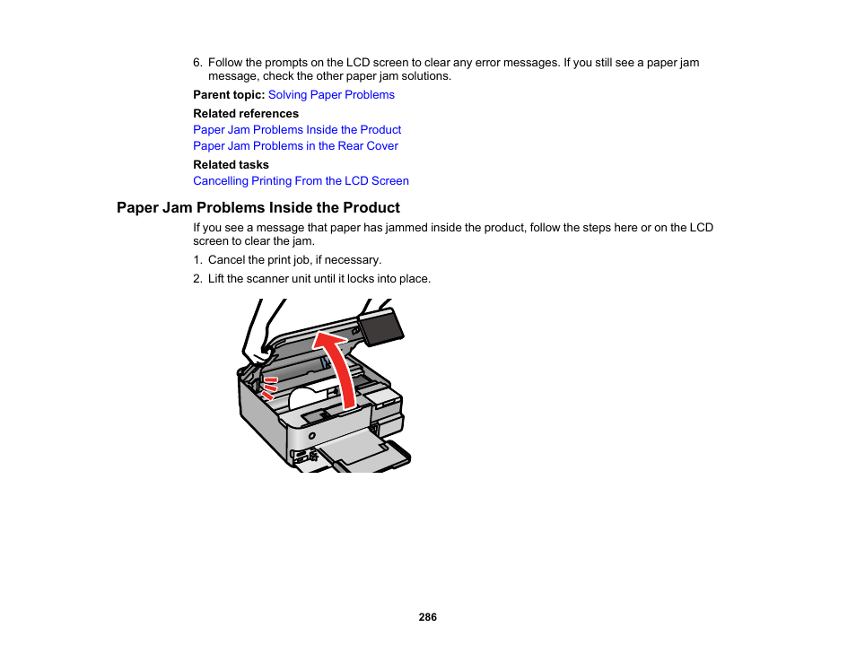 Paper jam problems inside the product | Epson EcoTank Photo ET-8500 Wireless Color All-in-One Supertank Printer User Manual | Page 286 / 346