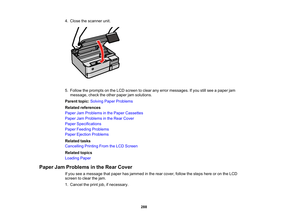 Paper jam problems in the rear cover | Epson EcoTank Photo ET-8500 Wireless Color All-in-One Supertank Printer User Manual | Page 288 / 346