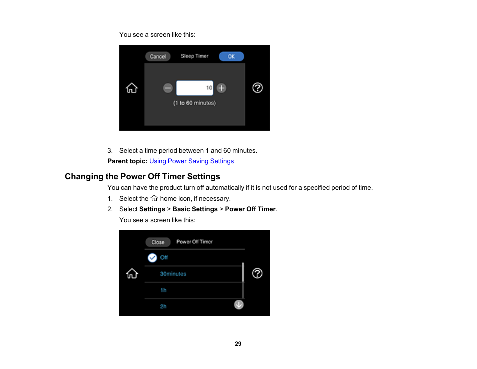 Changing the power off timer settings | Epson EcoTank Photo ET-8500 Wireless Color All-in-One Supertank Printer User Manual | Page 29 / 346