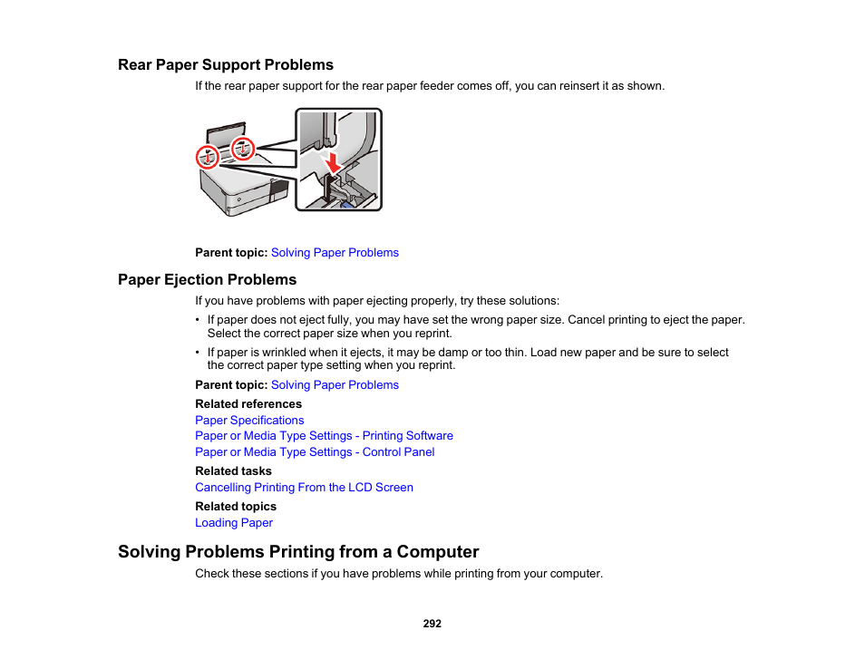 Rear paper support problems, Paper ejection problems, Solving problems printing from a computer | Epson EcoTank Photo ET-8500 Wireless Color All-in-One Supertank Printer User Manual | Page 292 / 346