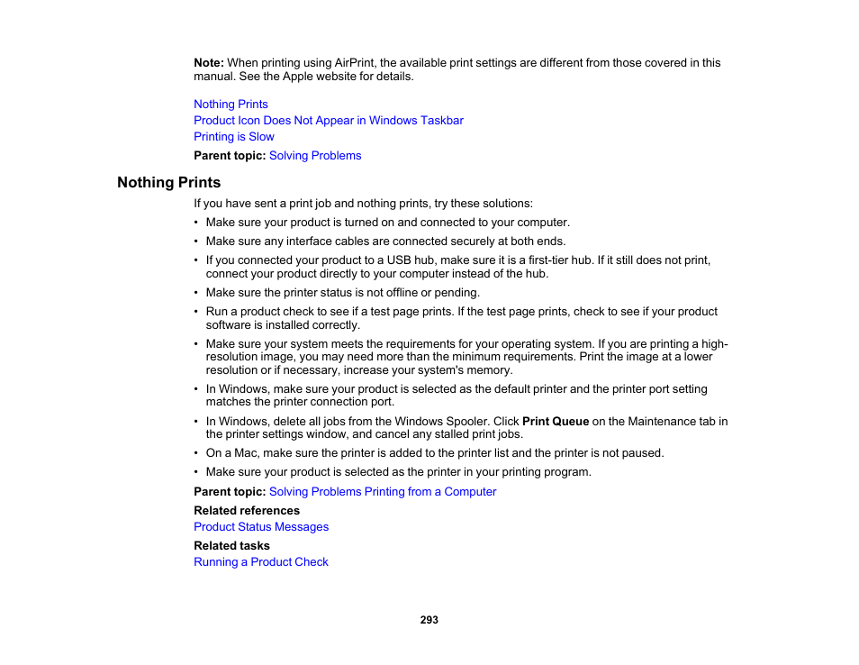 Nothing prints | Epson EcoTank Photo ET-8500 Wireless Color All-in-One Supertank Printer User Manual | Page 293 / 346
