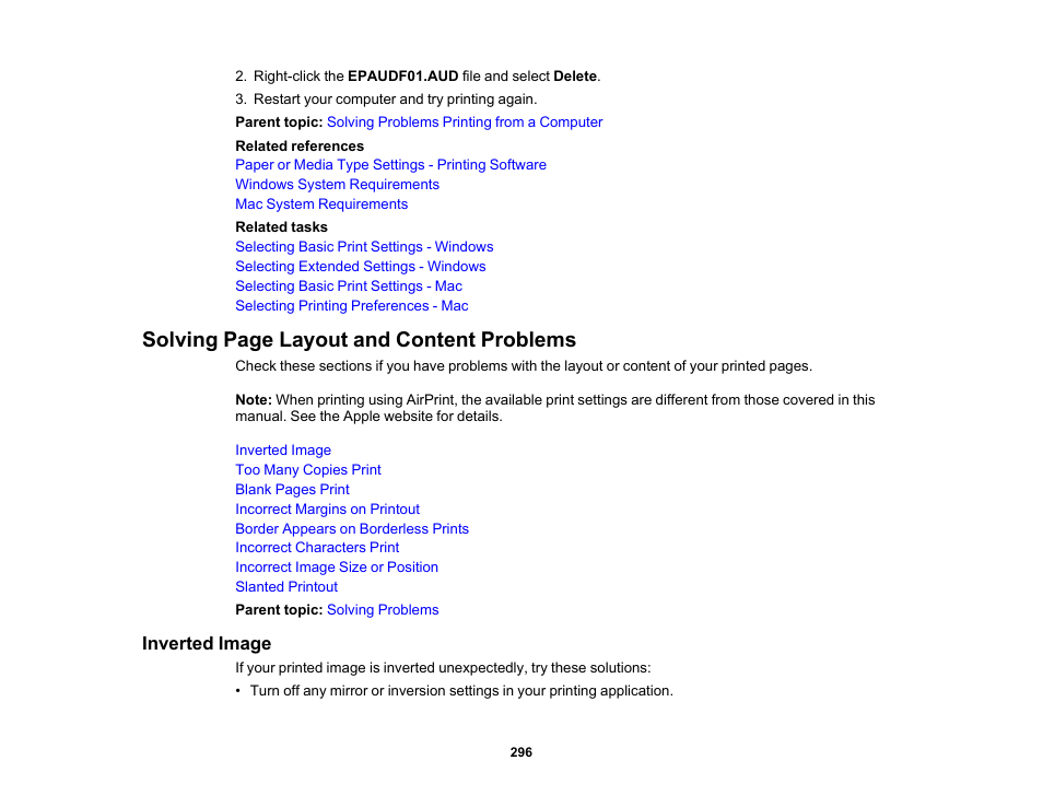 Inverted image, Solving page layout and content problems | Epson EcoTank Photo ET-8500 Wireless Color All-in-One Supertank Printer User Manual | Page 296 / 346