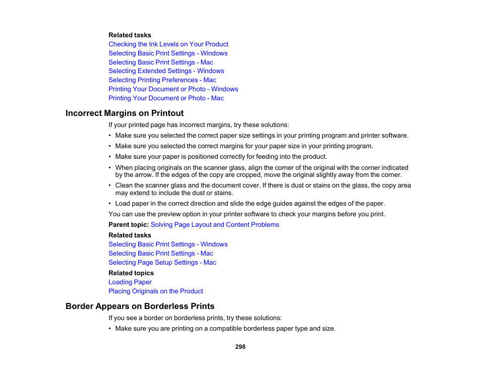 Incorrect margins on printout, Border appears on borderless prints | Epson EcoTank Photo ET-8500 Wireless Color All-in-One Supertank Printer User Manual | Page 298 / 346