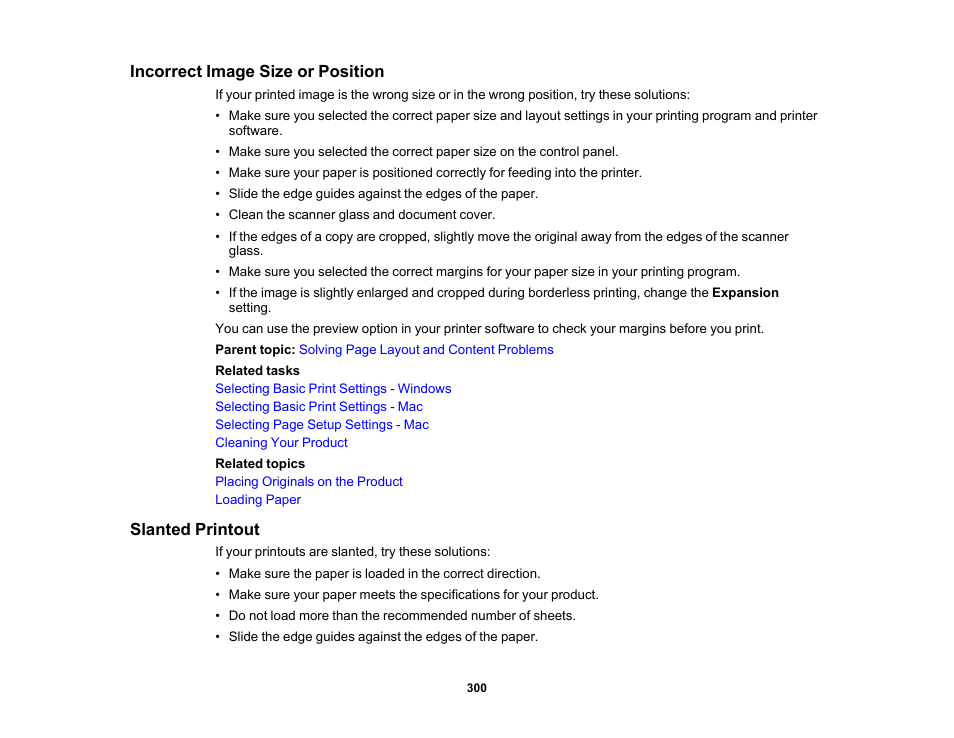 Incorrect image size or position, Slanted printout, Incorrect image size or position slanted printout | Epson EcoTank Photo ET-8500 Wireless Color All-in-One Supertank Printer User Manual | Page 300 / 346