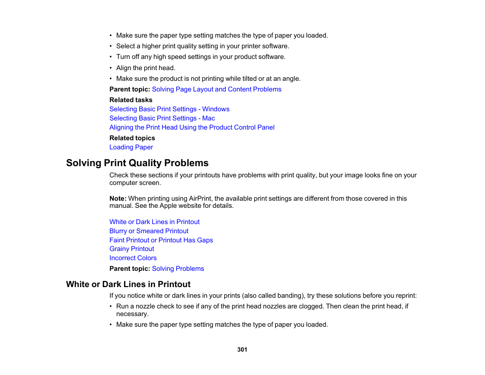 Solving print quality problems, White or dark lines in printout | Epson EcoTank Photo ET-8500 Wireless Color All-in-One Supertank Printer User Manual | Page 301 / 346