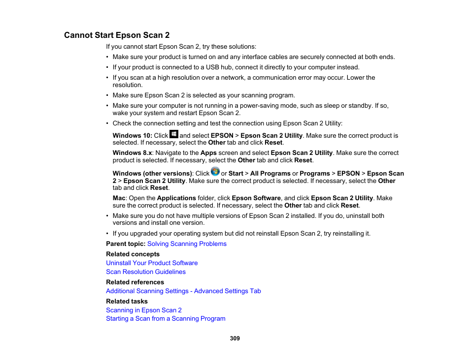 Cannot start epson scan 2 | Epson EcoTank Photo ET-8500 Wireless Color All-in-One Supertank Printer User Manual | Page 309 / 346