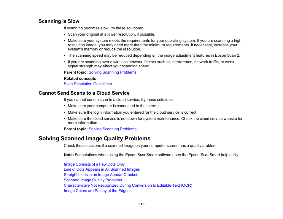 Scanning is slow, Cannot send scans to a cloud service, Solving scanned image quality problems | Epson EcoTank Photo ET-8500 Wireless Color All-in-One Supertank Printer User Manual | Page 310 / 346