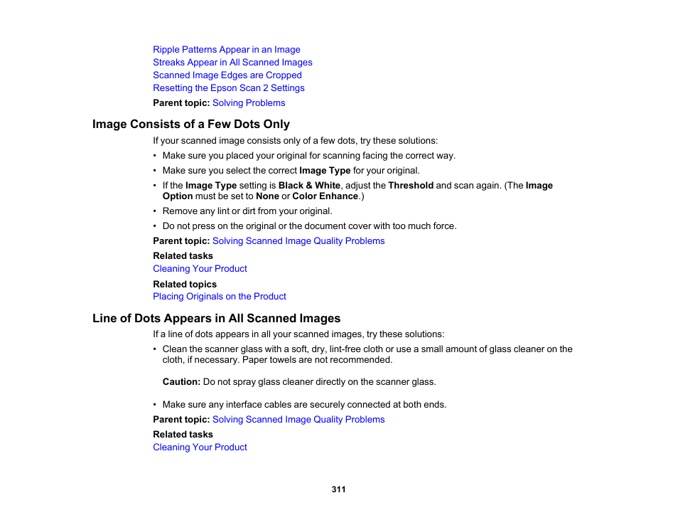 Image consists of a few dots only, Line of dots appears in all scanned images | Epson EcoTank Photo ET-8500 Wireless Color All-in-One Supertank Printer User Manual | Page 311 / 346