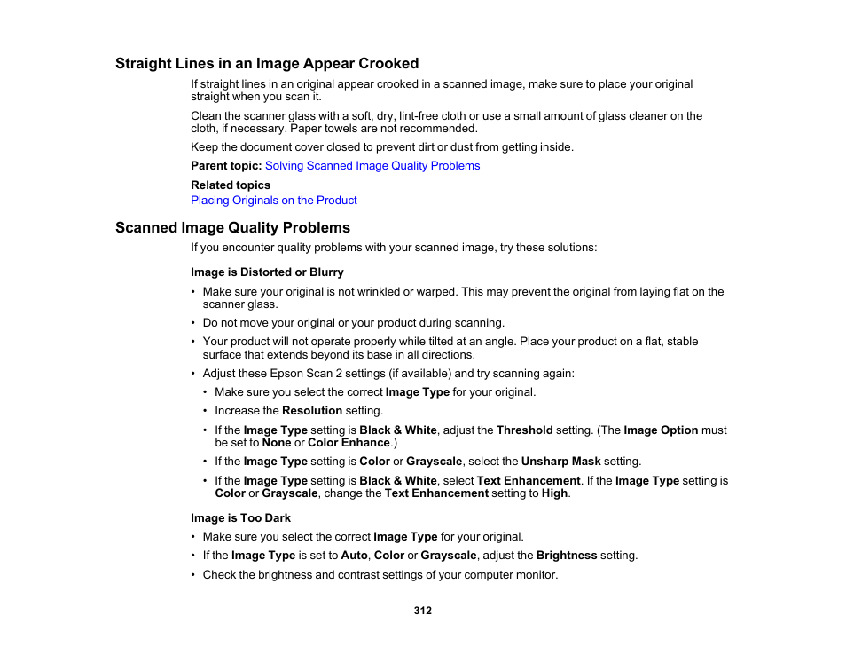 Straight lines in an image appear crooked, Scanned image quality problems | Epson EcoTank Photo ET-8500 Wireless Color All-in-One Supertank Printer User Manual | Page 312 / 346