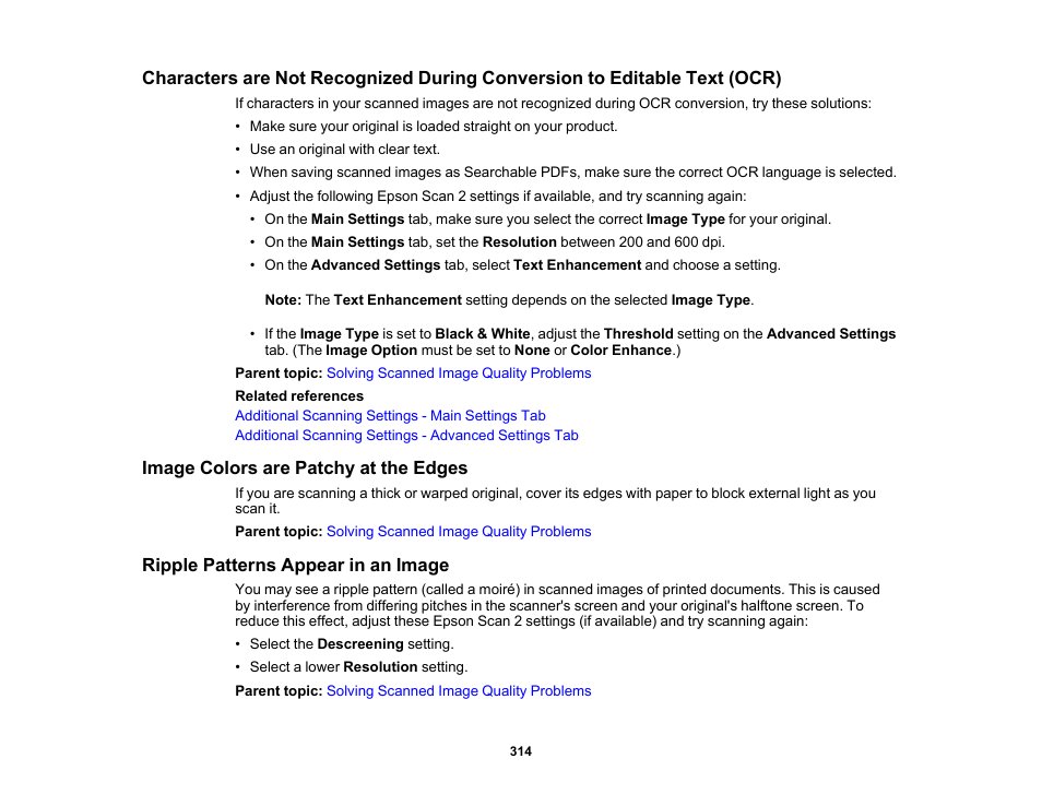 Image colors are patchy at the edges, Ripple patterns appear in an image | Epson EcoTank Photo ET-8500 Wireless Color All-in-One Supertank Printer User Manual | Page 314 / 346