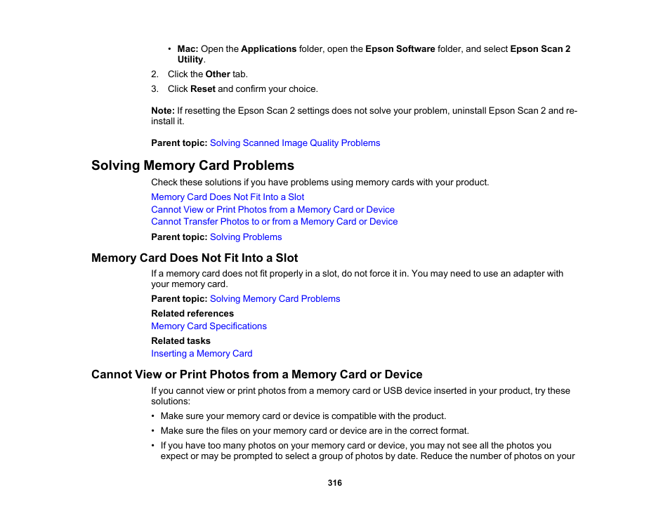 Solving memory card problems, Memory card does not fit into a slot | Epson EcoTank Photo ET-8500 Wireless Color All-in-One Supertank Printer User Manual | Page 316 / 346