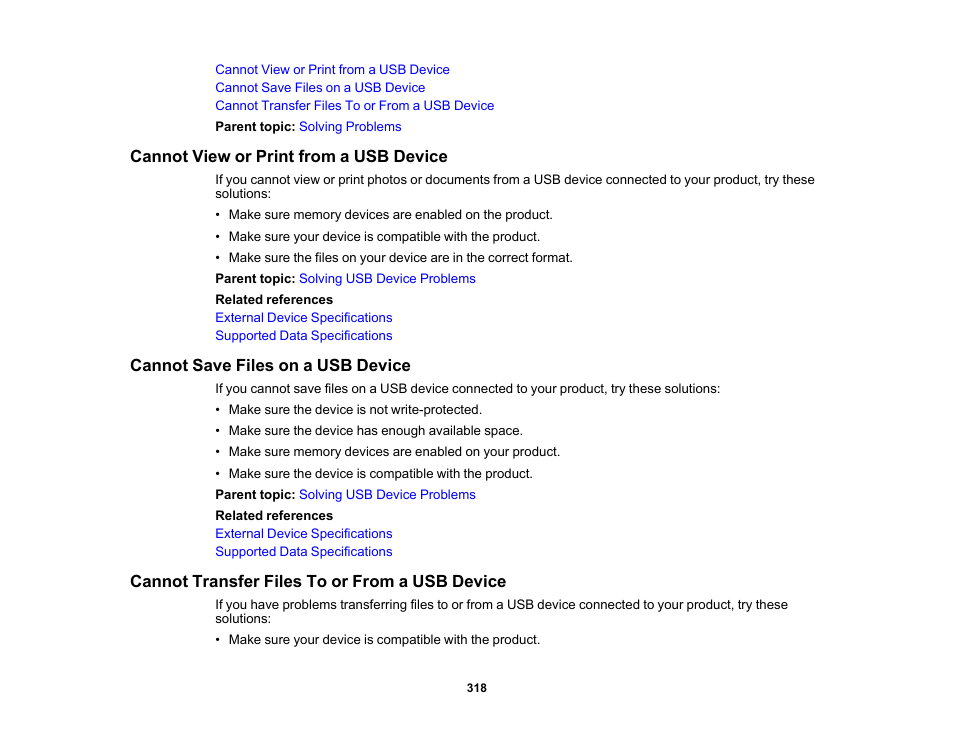 Cannot view or print from a usb device, Cannot save files on a usb device, Cannot transfer files to or from a usb device | Epson EcoTank Photo ET-8500 Wireless Color All-in-One Supertank Printer User Manual | Page 318 / 346