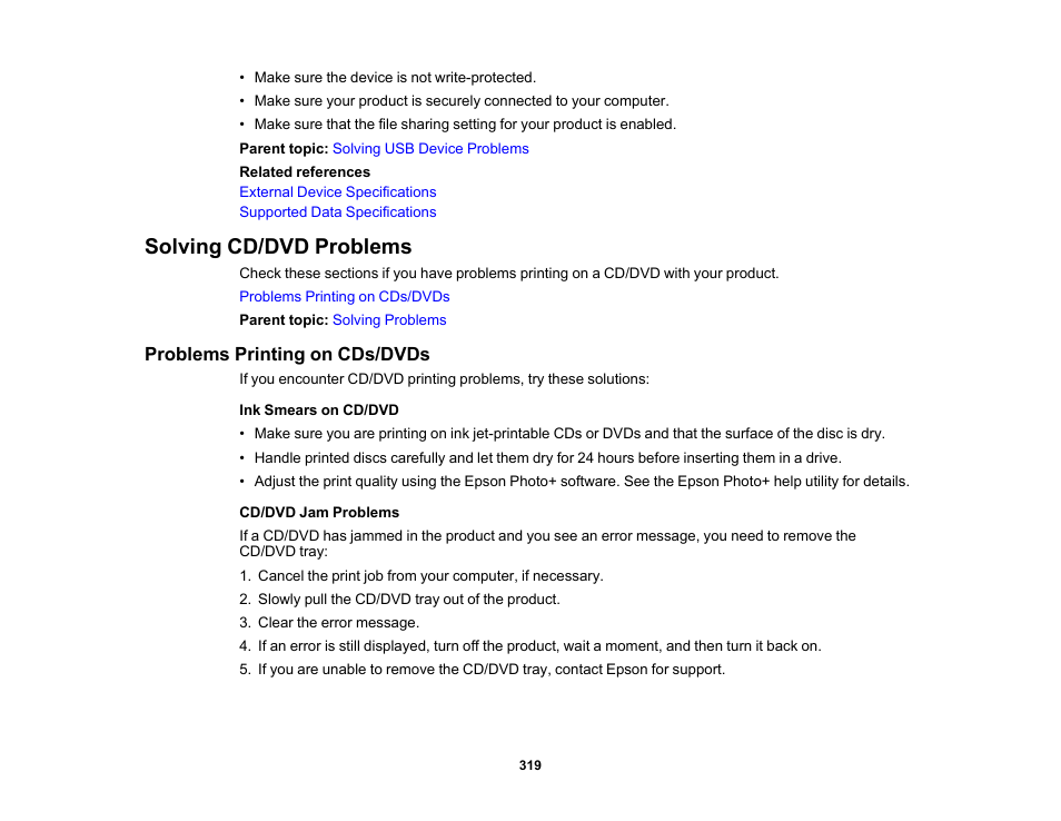 Solving cd/dvd problems, Problems printing on cds/dvds | Epson EcoTank Photo ET-8500 Wireless Color All-in-One Supertank Printer User Manual | Page 319 / 346