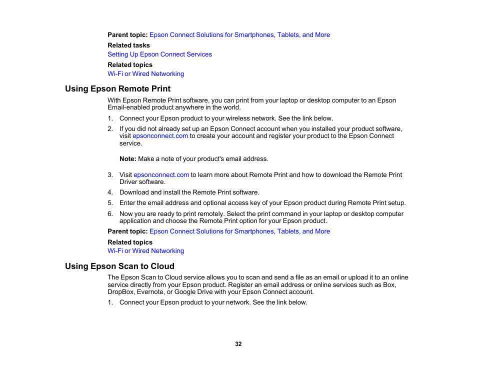 Using epson remote print, Using epson scan to cloud, Using epson remote print using epson scan to cloud | Epson EcoTank Photo ET-8500 Wireless Color All-in-One Supertank Printer User Manual | Page 32 / 346