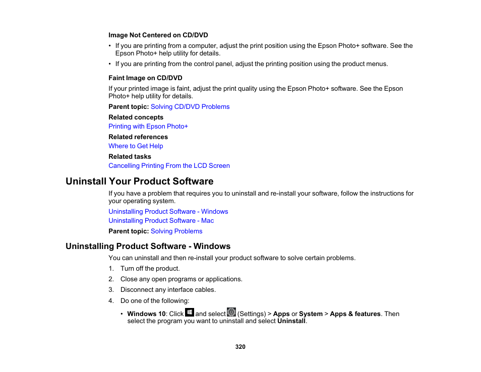 Uninstall your product software, Uninstalling product software - windows | Epson EcoTank Photo ET-8500 Wireless Color All-in-One Supertank Printer User Manual | Page 320 / 346