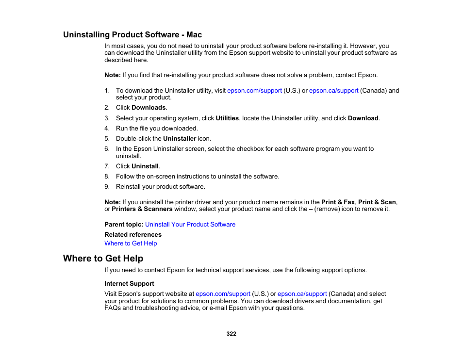 Uninstalling product software - mac, Where to get help | Epson EcoTank Photo ET-8500 Wireless Color All-in-One Supertank Printer User Manual | Page 322 / 346