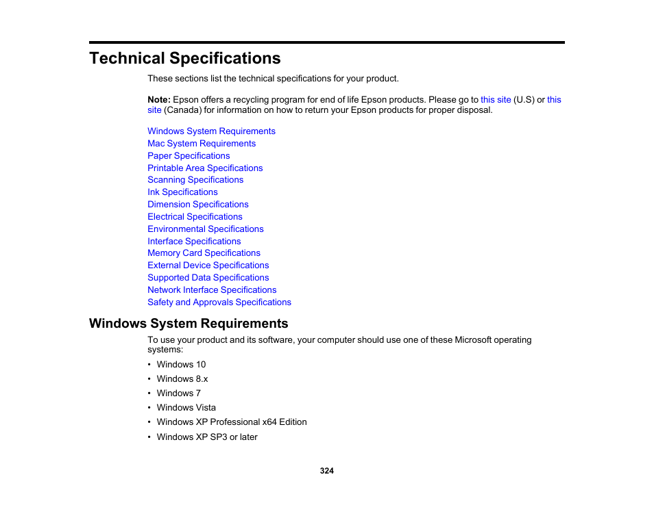 Technical specifications, Windows system requirements | Epson EcoTank Photo ET-8500 Wireless Color All-in-One Supertank Printer User Manual | Page 324 / 346