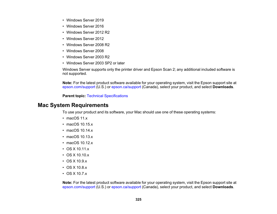Mac system requirements | Epson EcoTank Photo ET-8500 Wireless Color All-in-One Supertank Printer User Manual | Page 325 / 346