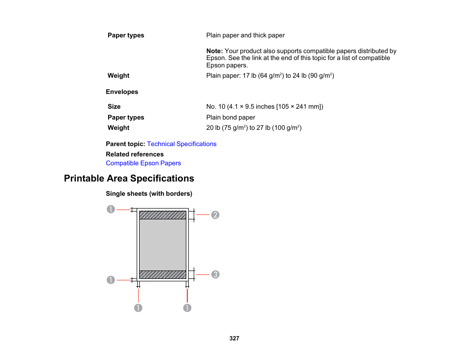 Printable area specifications | Epson EcoTank Photo ET-8500 Wireless Color All-in-One Supertank Printer User Manual | Page 327 / 346