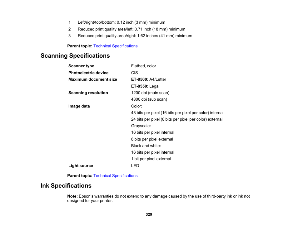 Scanning specifications, Ink specifications, Scanning specifications ink specifications | Epson EcoTank Photo ET-8500 Wireless Color All-in-One Supertank Printer User Manual | Page 329 / 346