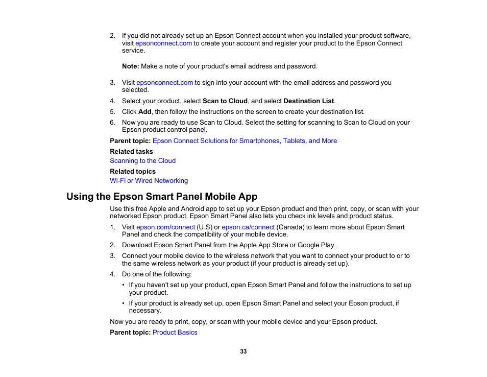 Using the epson smart panel mobile app | Epson EcoTank Photo ET-8500 Wireless Color All-in-One Supertank Printer User Manual | Page 33 / 346