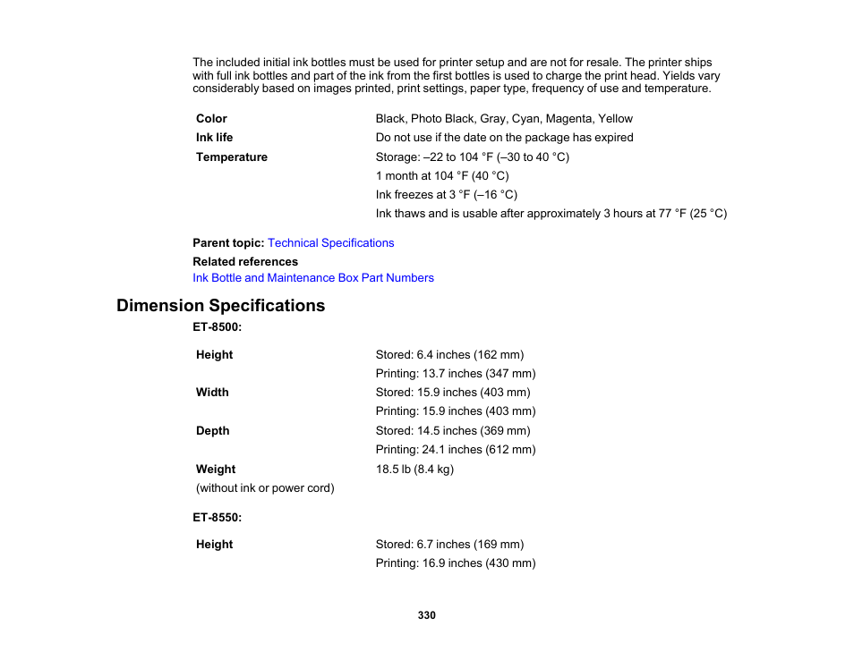 Dimension specifications | Epson EcoTank Photo ET-8500 Wireless Color All-in-One Supertank Printer User Manual | Page 330 / 346