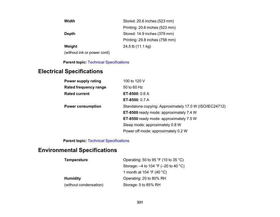 Electrical specifications, Environmental specifications | Epson EcoTank Photo ET-8500 Wireless Color All-in-One Supertank Printer User Manual | Page 331 / 346