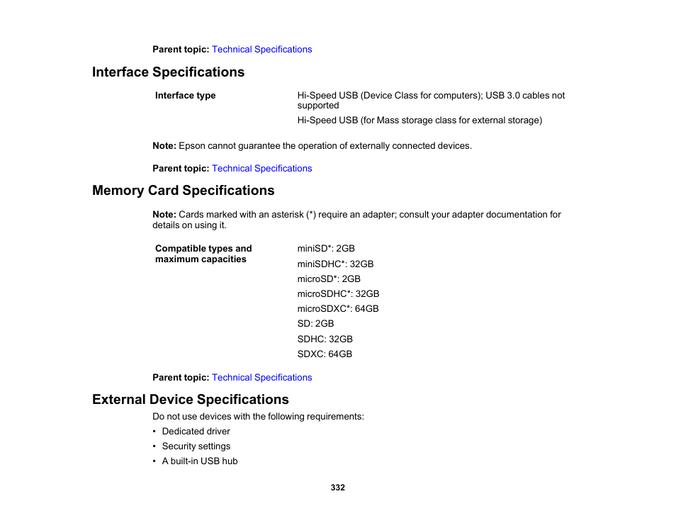 Interface specifications, Memory card specifications, External device specifications | Epson EcoTank Photo ET-8500 Wireless Color All-in-One Supertank Printer User Manual | Page 332 / 346