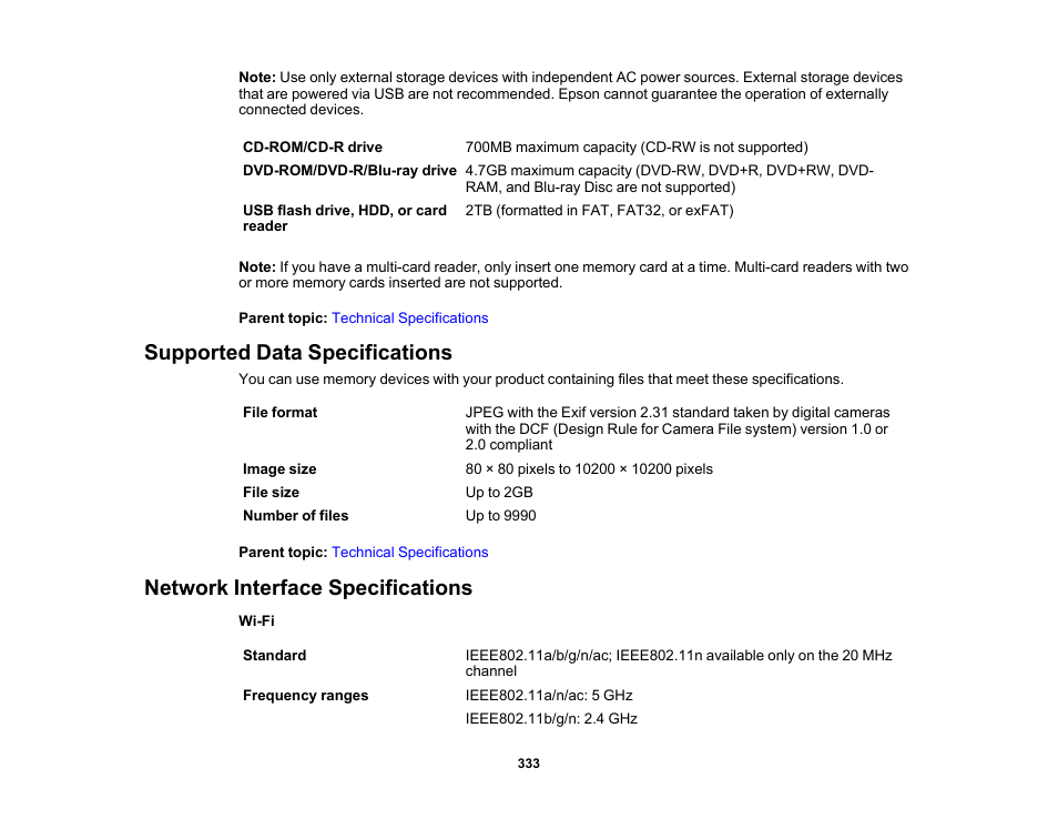 Supported data specifications, Network interface specifications | Epson EcoTank Photo ET-8500 Wireless Color All-in-One Supertank Printer User Manual | Page 333 / 346