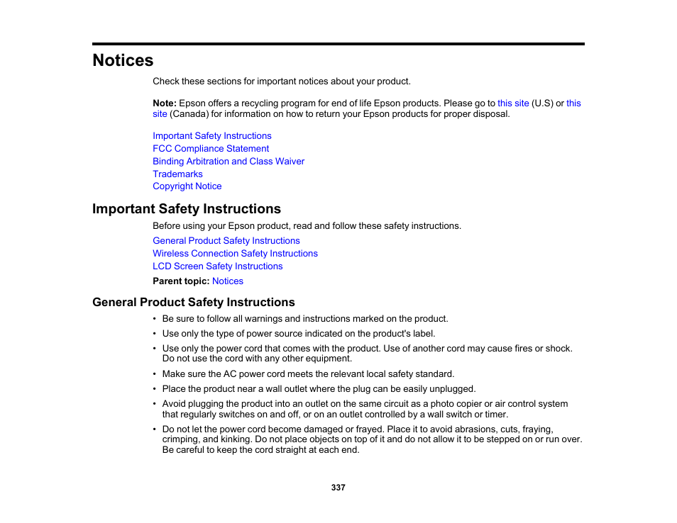 Notices, Important safety instructions, General product safety instructions | Epson EcoTank Photo ET-8500 Wireless Color All-in-One Supertank Printer User Manual | Page 337 / 346