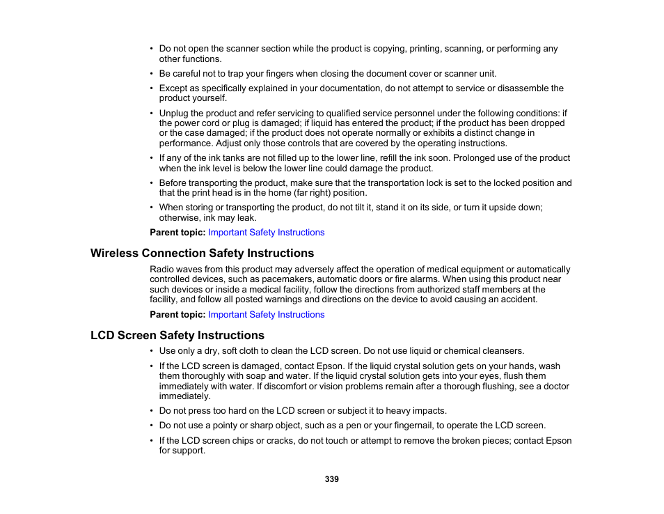 Wireless connection safety instructions, Lcd screen safety instructions | Epson EcoTank Photo ET-8500 Wireless Color All-in-One Supertank Printer User Manual | Page 339 / 346