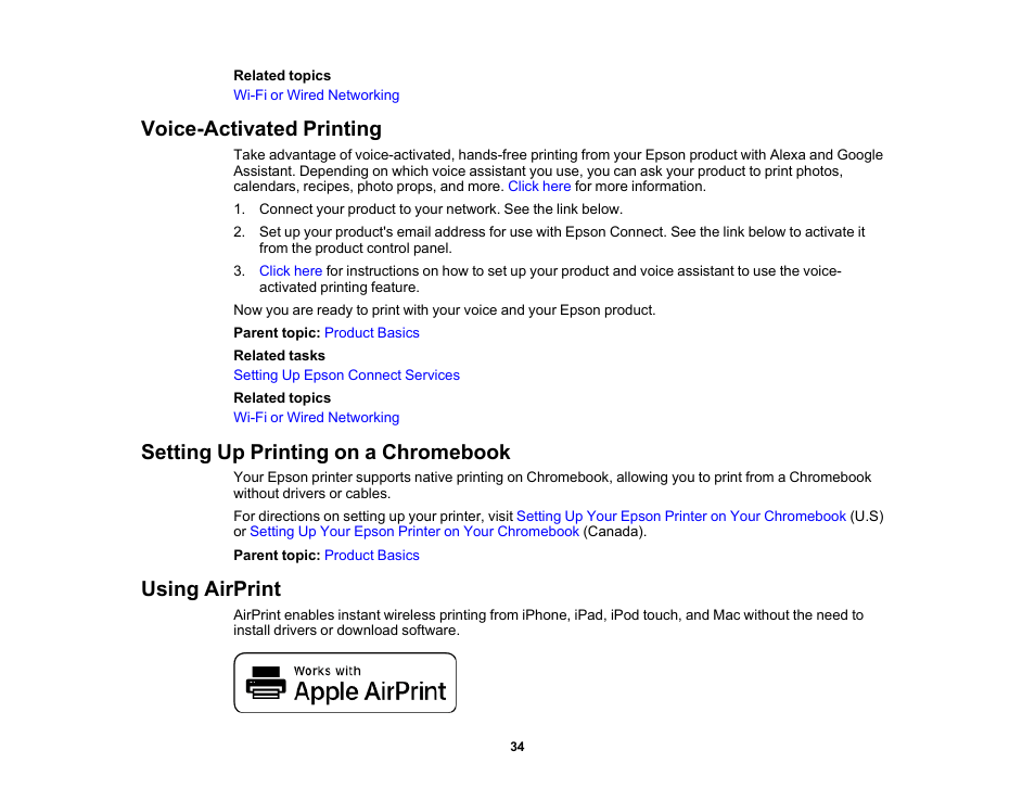 Voice-activated printing, Setting up printing on a chromebook, Using airprint | Epson EcoTank Photo ET-8500 Wireless Color All-in-One Supertank Printer User Manual | Page 34 / 346