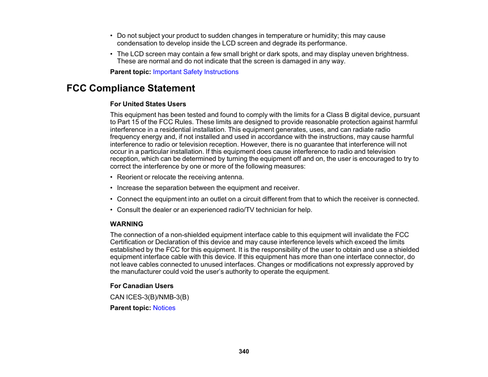 Fcc compliance statement | Epson EcoTank Photo ET-8500 Wireless Color All-in-One Supertank Printer User Manual | Page 340 / 346