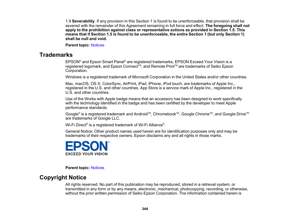 Trademarks, Copyright notice, Trademarks copyright notice | Epson EcoTank Photo ET-8500 Wireless Color All-in-One Supertank Printer User Manual | Page 344 / 346