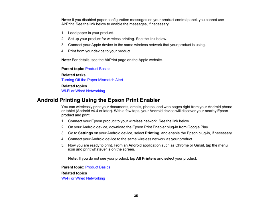 Android printing using the epson print enabler | Epson EcoTank Photo ET-8500 Wireless Color All-in-One Supertank Printer User Manual | Page 35 / 346