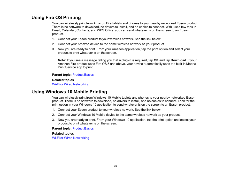 Using fire os printing, Using windows 10 mobile printing | Epson EcoTank Photo ET-8500 Wireless Color All-in-One Supertank Printer User Manual | Page 36 / 346