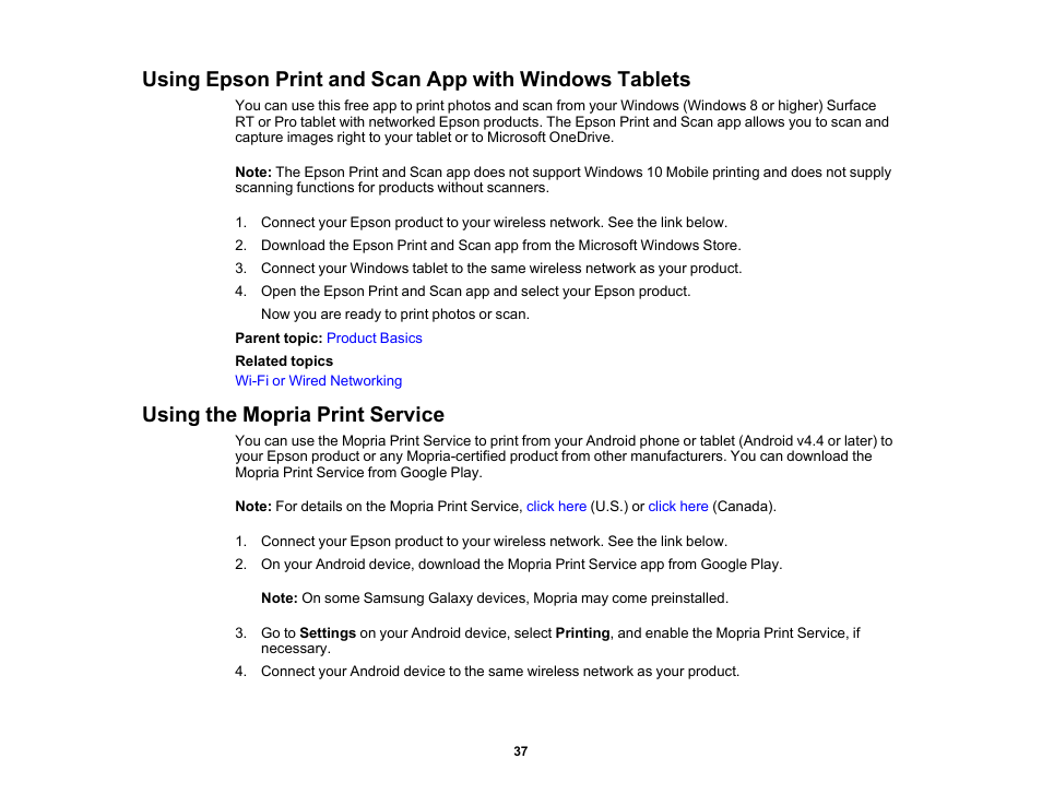 Using the mopria print service | Epson EcoTank Photo ET-8500 Wireless Color All-in-One Supertank Printer User Manual | Page 37 / 346