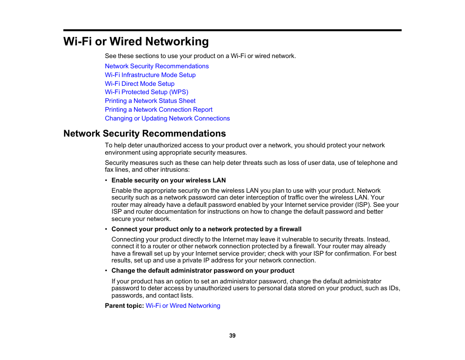 Wi-fi or wired networking, Network security recommendations | Epson EcoTank Photo ET-8500 Wireless Color All-in-One Supertank Printer User Manual | Page 39 / 346