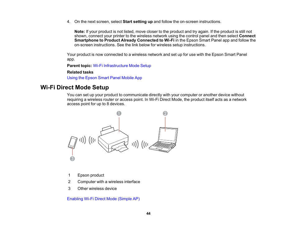 Wi-fi direct mode setup | Epson EcoTank Photo ET-8500 Wireless Color All-in-One Supertank Printer User Manual | Page 44 / 346