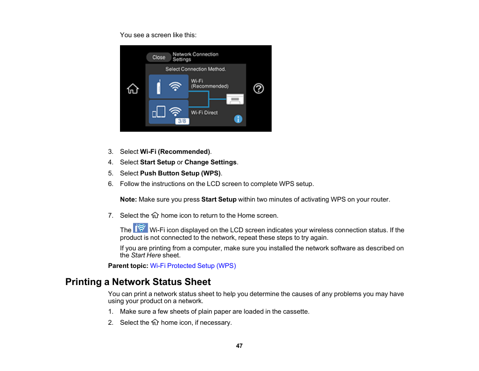 Printing a network status sheet | Epson EcoTank Photo ET-8500 Wireless Color All-in-One Supertank Printer User Manual | Page 47 / 346