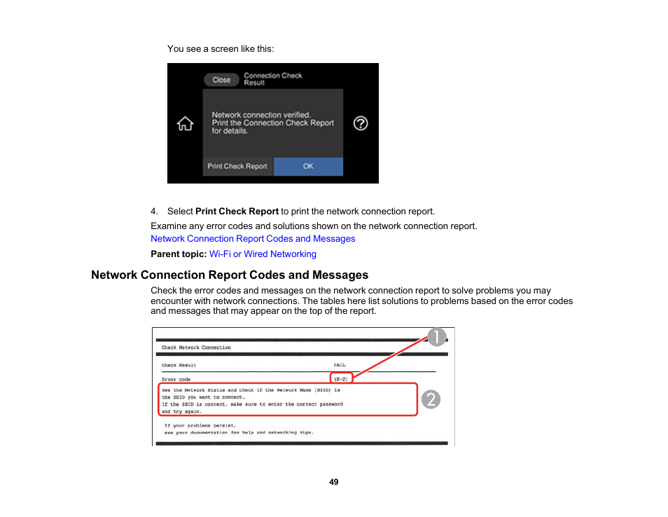 Network connection report codes and messages | Epson EcoTank Photo ET-8500 Wireless Color All-in-One Supertank Printer User Manual | Page 49 / 346