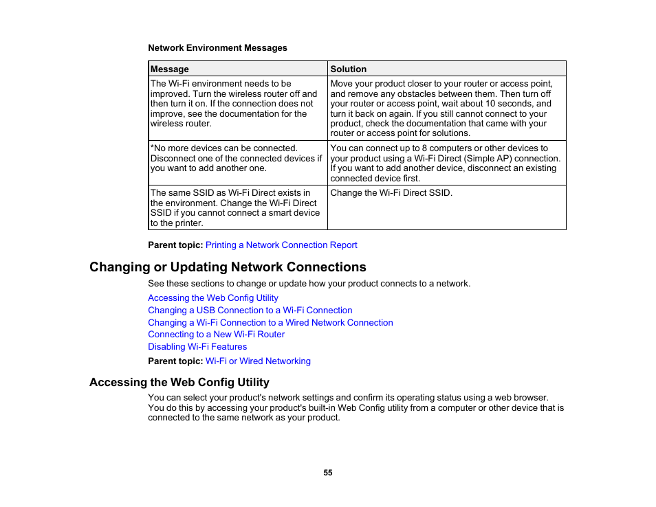 Changing or updating network connections, Accessing the web config utility | Epson EcoTank Photo ET-8500 Wireless Color All-in-One Supertank Printer User Manual | Page 55 / 346