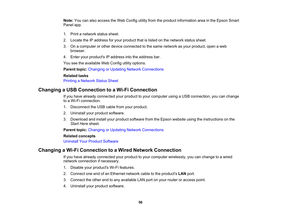 Changing a usb connection to a wi-fi connection | Epson EcoTank Photo ET-8500 Wireless Color All-in-One Supertank Printer User Manual | Page 56 / 346