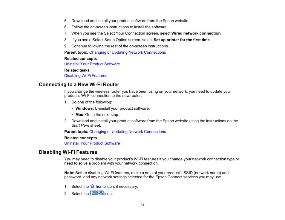 Connecting to a new wi-fi router, Disabling wi-fi features | Epson EcoTank Photo ET-8500 Wireless Color All-in-One Supertank Printer User Manual | Page 57 / 346