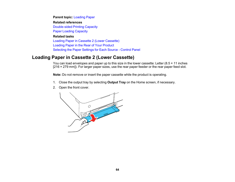Loading paper in cassette 2 (lower cassette) | Epson EcoTank Photo ET-8500 Wireless Color All-in-One Supertank Printer User Manual | Page 64 / 346