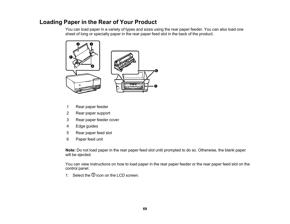 Loading paper in the rear of your product | Epson EcoTank Photo ET-8500 Wireless Color All-in-One Supertank Printer User Manual | Page 69 / 346